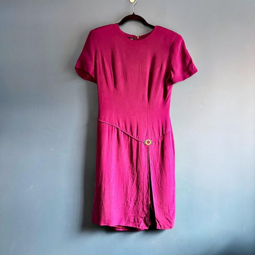 Vintage 80s Silk Dress Women's Size 8 Purple Pencil Hardware Retro Business Glam